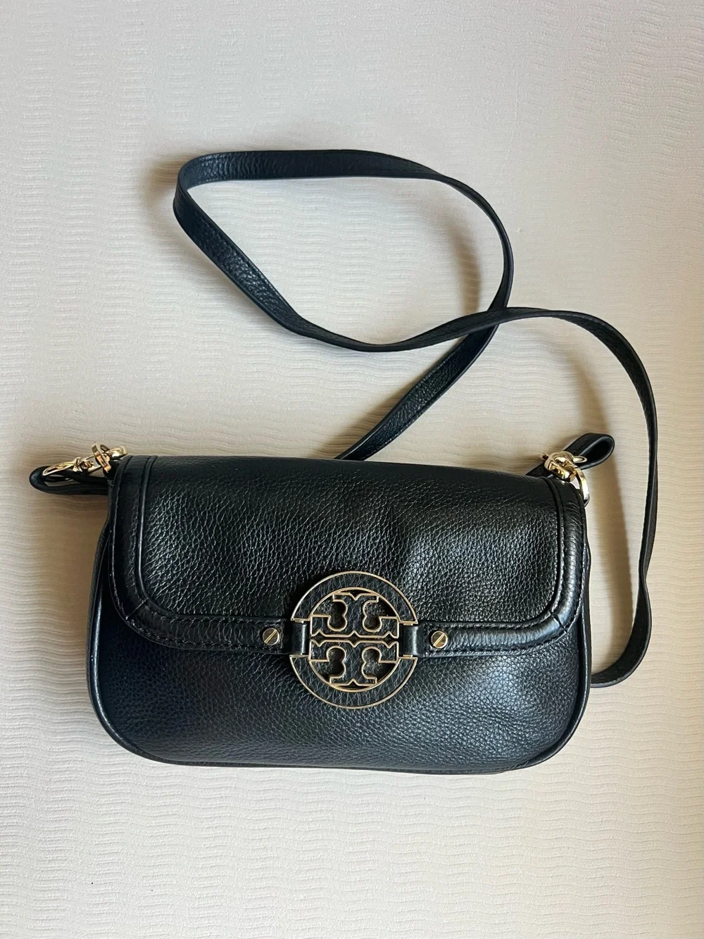 Tory Burch Amanda Mini Crossbody Black Leather Gold Logo Flap Bag